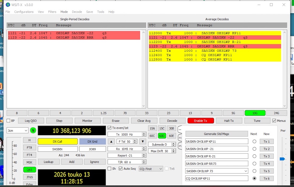 OH3LWP-SA5IKN 50cm dish 10GHz EME QSO