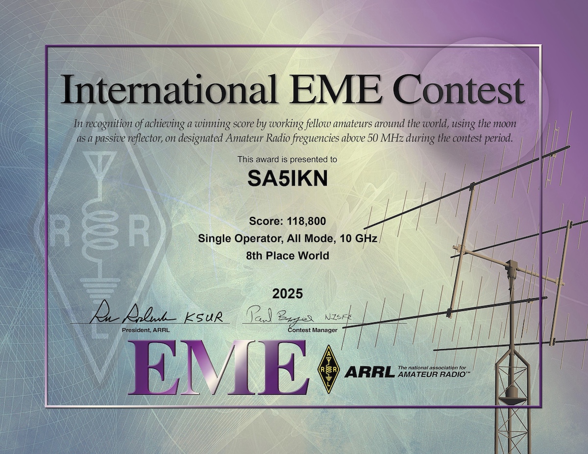 SA5IKN - 8th place on 10GHz in the 2025 ARRL International EME Contest